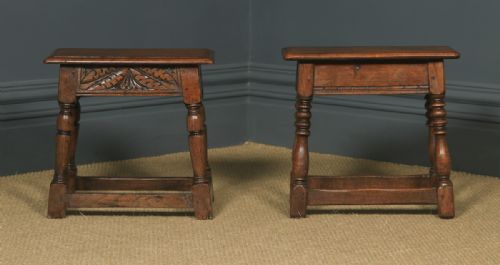 fig 1. Antique English Pair of 17th Century Style Solid Oak Joint Stools (Circa 1920)