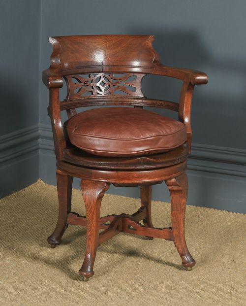Antique English Victorian Oak & Brown Revolving Leather Office Desk Chair  / Armchair (Circa 1880)