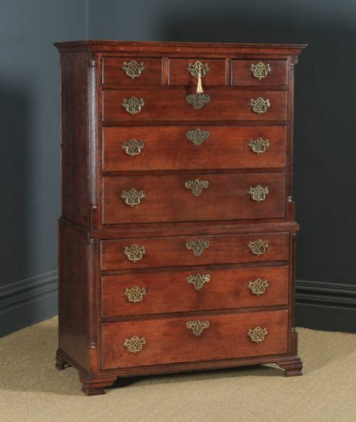 fig 1. Antique English Georgian Oak Chest on Chest of Drawers Secretaire Writing Desk (Circa 1780)