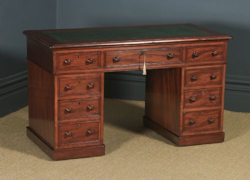 fig 2. Antique English Victorian 4ft Mahogany & Leather Pedestal Office Desk (Circa 1860)