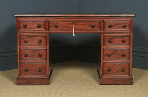 fig 3. Antique English Victorian 4ft Mahogany & Leather Pedestal Office Desk (Circa 1860)