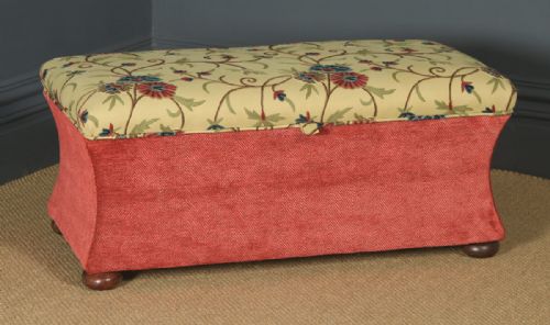 Antique English Victorian Mahogany & Crewel Work Concave Ottoman Box Stool Trunk (Circa 1870)
