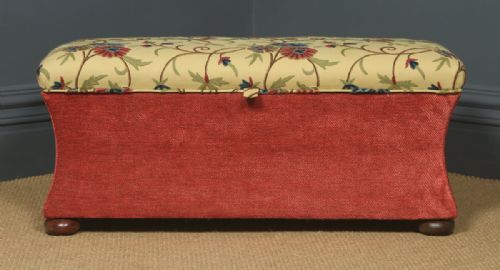 fig 1. Antique English Victorian Mahogany & Crewel Work Concave Ottoman Box Stool Trunk (Circa 1870)
