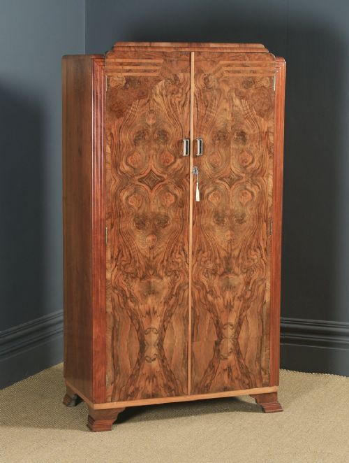 Antique English Art Deco Figured Walnut Inlaid Two Door Wardrobe (Circa 1930)