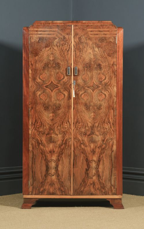 fig 1. Antique English Art Deco Figured Walnut Inlaid Two Door Wardrobe (Circa 1930)