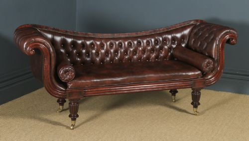 Antique English William IV Mahogany & Brown Leather Double Ended Couch / Settee / Sofa (Circa 1830)