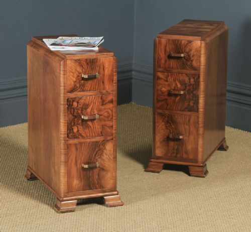 Antique English Pair of Art Deco Figured Walnut Bedside Chests (Circa 1930)