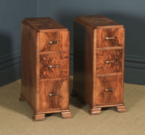 fig 1. Antique English Pair of Art Deco Figured Walnut Bedside Chests (Circa 1930)