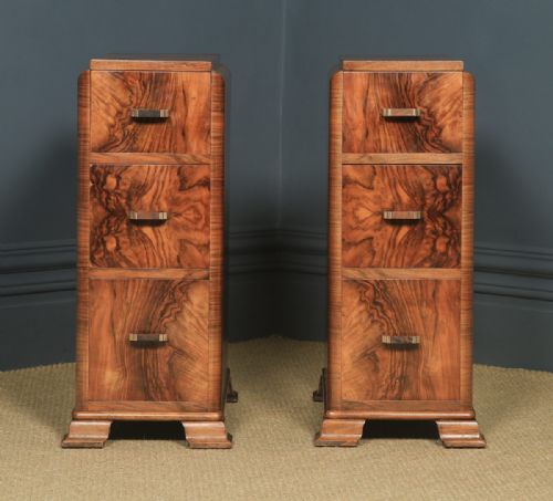 fig 2. Antique English Pair of Art Deco Figured Walnut Bedside Chests (Circa 1930)