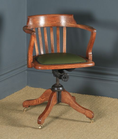 Antique English Edwardian Oak & Green Leather Revolving Office Desk Arm Chair (Circa 1910)