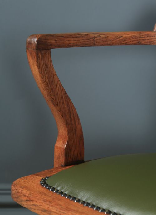 fig 6. Antique English Edwardian Oak & Green Leather Revolving Office Desk Arm Chair (Circa 1910)
