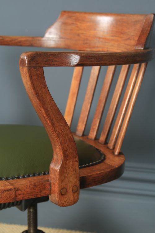 fig 7. Antique English Edwardian Oak & Green Leather Revolving Office Desk Arm Chair (Circa 1910)