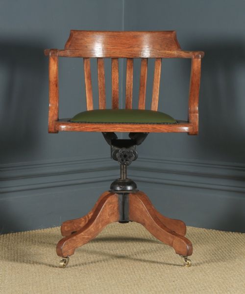 fig 1. Antique English Edwardian Oak & Green Leather Revolving Office Desk Arm Chair (Circa 1910)