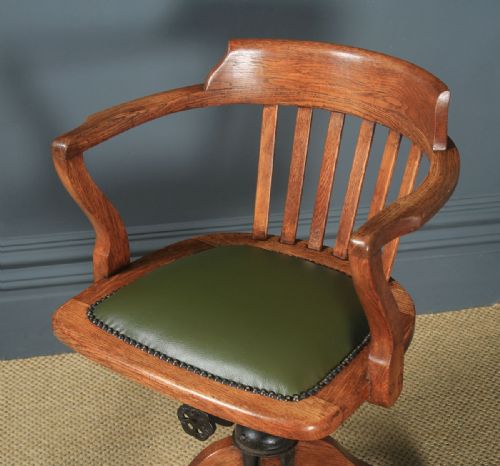 fig 2. Antique English Edwardian Oak & Green Leather Revolving Office Desk Arm Chair (Circa 1910)
