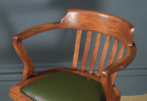 fig 4. Antique English Edwardian Oak & Green Leather Revolving Office Desk Arm Chair (Circa 1910)