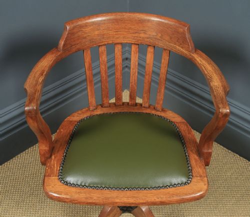 fig 3. Antique English Edwardian Oak & Green Leather Revolving Office Desk Arm Chair (Circa 1910)