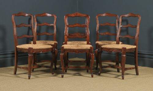 Antique French Set of 6 Six Louis XV Style Cherry Wood Ladder Back Kitchen Dining Chairs (Circa 1880)