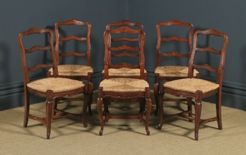 fig 1. Antique French Set of 6 Six Louis XV Style Cherry Wood Ladder Back Kitchen Dining Chairs (Circa 1880)
