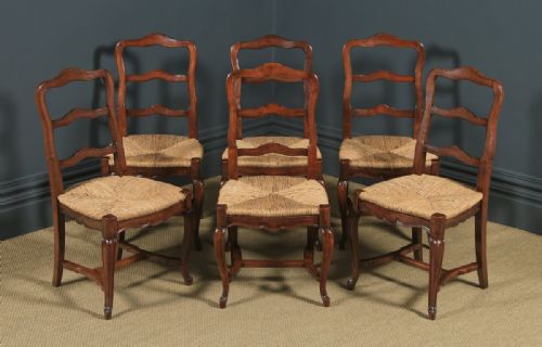 fig 2. Antique French Set of 6 Six Louis XV Style Cherry Wood Ladder Back Kitchen Dining Chairs (Circa 1880)