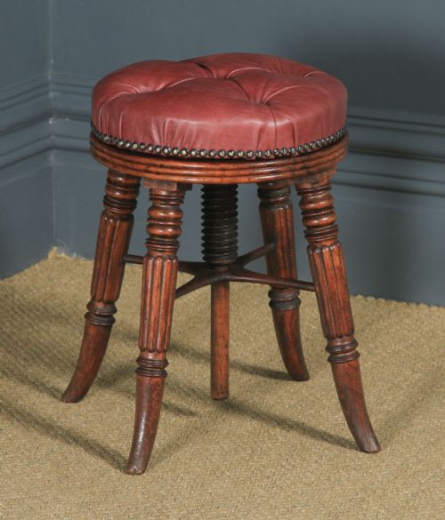 Antique English Regency Oak & Leather Revolving Adjustable Piano Music Stool (Circa 1830)