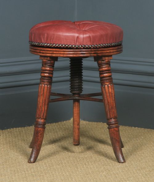 fig 1. Antique English Regency Oak & Leather Revolving Adjustable Piano Music Stool (Circa 1830)