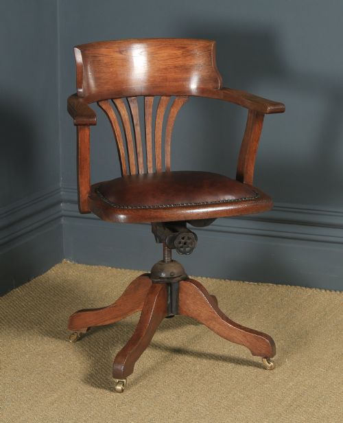 Antique English Edwardian Oak & Brown Leather Revolving Office Desk Arm Chair (Circa 1910)
