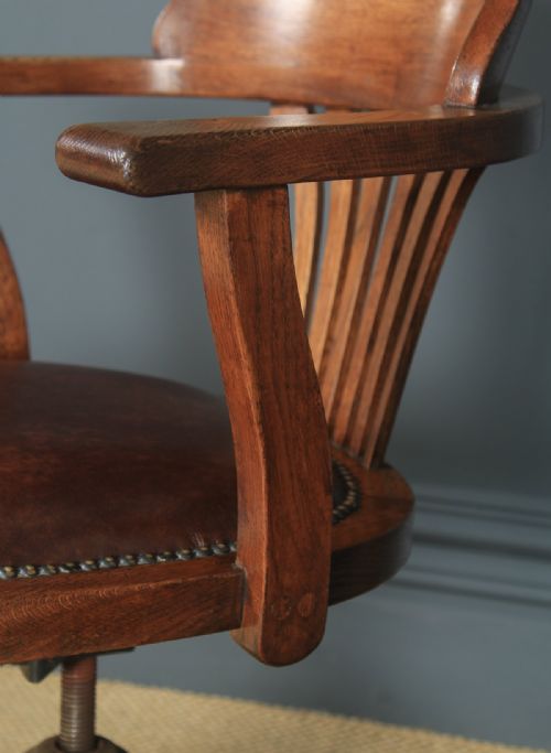 fig 7. Antique English Edwardian Oak & Brown Leather Revolving Office Desk Arm Chair (Circa 1910)