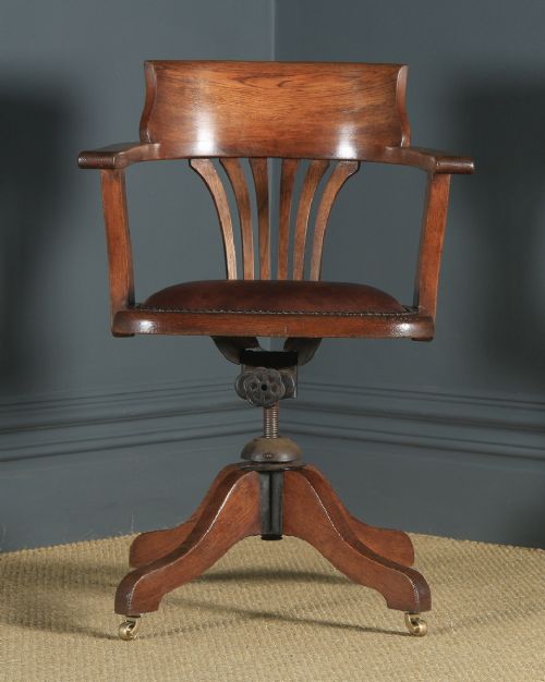 fig 1. Antique English Edwardian Oak & Brown Leather Revolving Office Desk Arm Chair (Circa 1910)