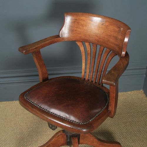 fig 2. Antique English Edwardian Oak & Brown Leather Revolving Office Desk Arm Chair (Circa 1910)