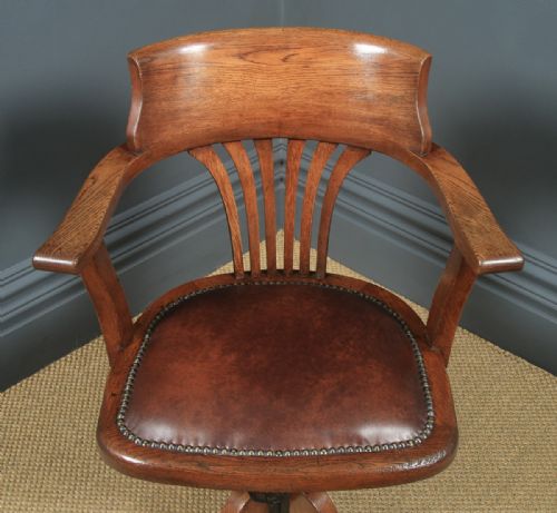 fig 3. Antique English Edwardian Oak & Brown Leather Revolving Office Desk Arm Chair (Circa 1910)
