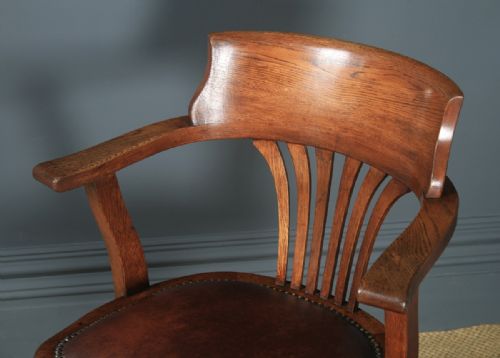 fig 4. Antique English Edwardian Oak & Brown Leather Revolving Office Desk Arm Chair (Circa 1910)