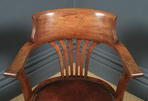 fig 5. Antique English Edwardian Oak & Brown Leather Revolving Office Desk Arm Chair (Circa 1910)