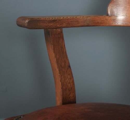 fig 6. Antique English Edwardian Oak & Brown Leather Revolving Office Desk Arm Chair (Circa 1910)