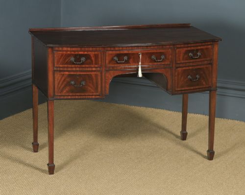 fig 1. Antique English Edwardian Georgian Style Flame Mahogany Bow Front Ladies Writing Table (Circa 1910)