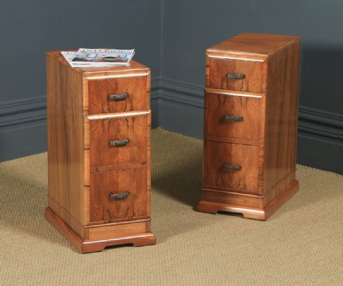 Antique English Pair of Art Deco Figured Walnut Bedside Chest Tables  (Circa 1930)