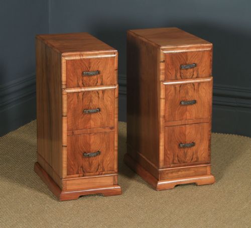 fig 1. Antique English Pair of Art Deco Figured Walnut Bedside Chest Tables (Circa 1930)