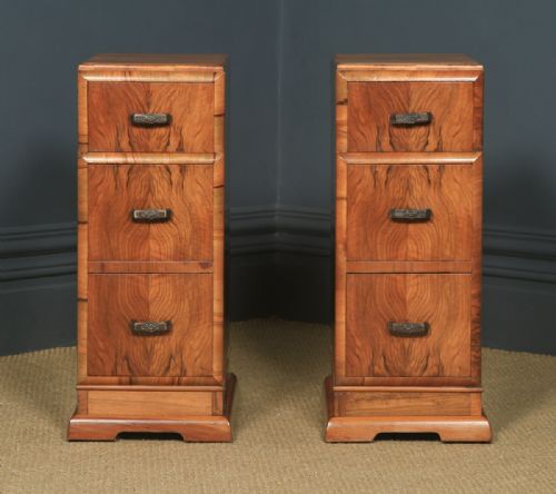 fig 2. Antique English Pair of Art Deco Figured Walnut Bedside Chest Tables (Circa 1930)