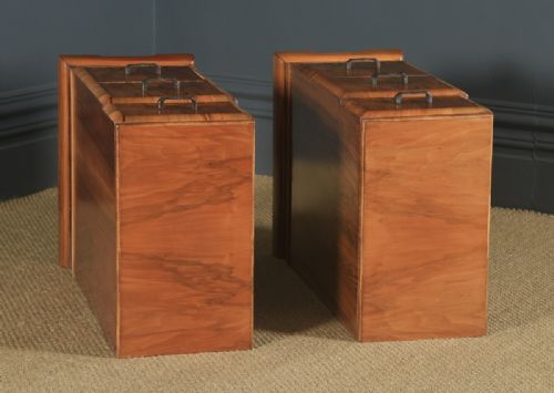 fig 3. Antique English Pair of Art Deco Figured Walnut Bedside Chest Tables (Circa 1930)