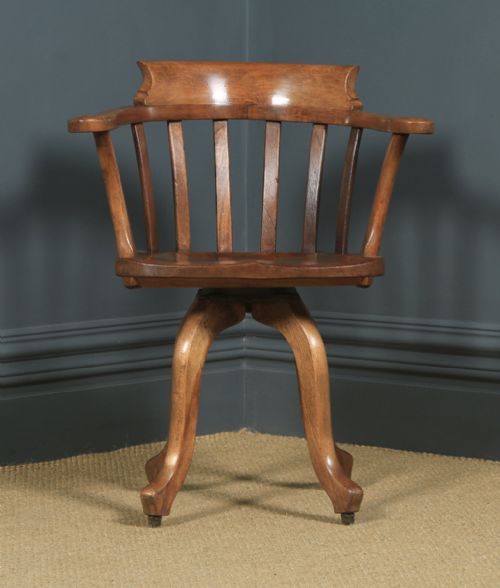 fig 1. Antique English Edwardian Beech, Birch & Elm Revolving Office Desk Arm Chair (Circa 1910)