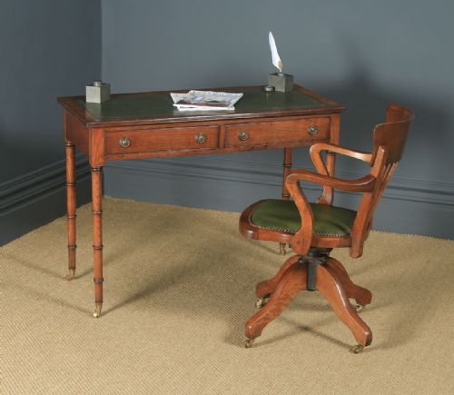 fig 1. Antique English Regency Style Edwardian Oak & Green Leather Writing Table (Circa 1910)