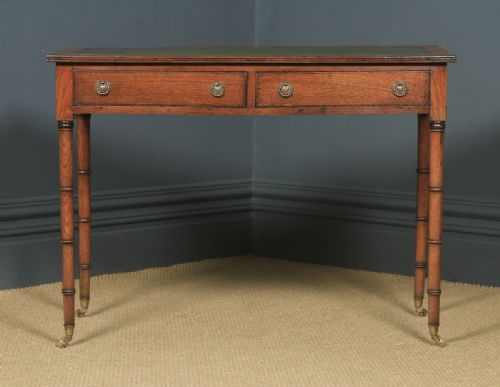 fig 3. Antique English Regency Style Edwardian Oak & Green Leather Writing Table (Circa 1910)
