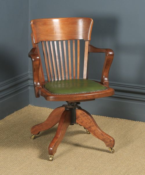 Antique English Edwardian Beech & Green Leather Revolving Office Desk Arm Chair (Circa 1910)