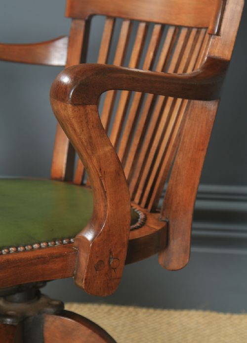 fig 7. Antique English Edwardian Beech & Green Leather Revolving Office Desk Arm Chair (Circa 1910)
