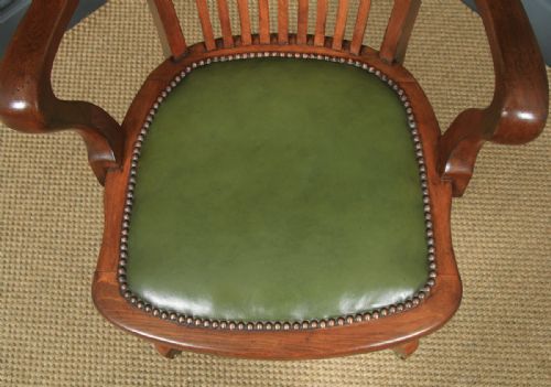 fig 8. Antique English Edwardian Beech & Green Leather Revolving Office Desk Arm Chair (Circa 1910)