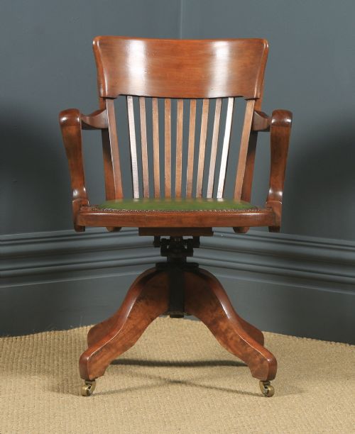 fig 1. Antique English Edwardian Beech & Green Leather Revolving Office Desk Arm Chair (Circa 1910)