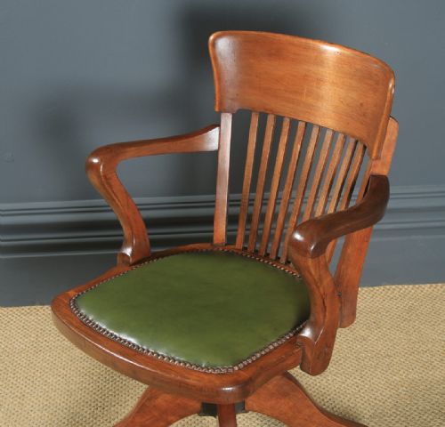 fig 2. Antique English Edwardian Beech & Green Leather Revolving Office Desk Arm Chair (Circa 1910)
