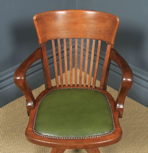 fig 3. Antique English Edwardian Beech & Green Leather Revolving Office Desk Arm Chair (Circa 1910)