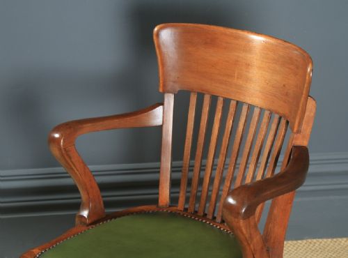 fig 4. Antique English Edwardian Beech & Green Leather Revolving Office Desk Arm Chair (Circa 1910)