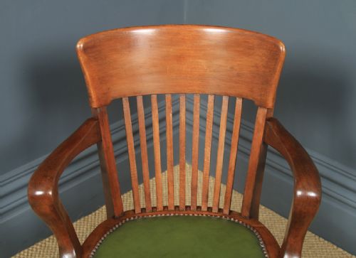 fig 5. Antique English Edwardian Beech & Green Leather Revolving Office Desk Arm Chair (Circa 1910)