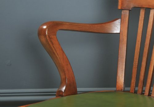 fig 6. Antique English Edwardian Beech & Green Leather Revolving Office Desk Arm Chair (Circa 1910)